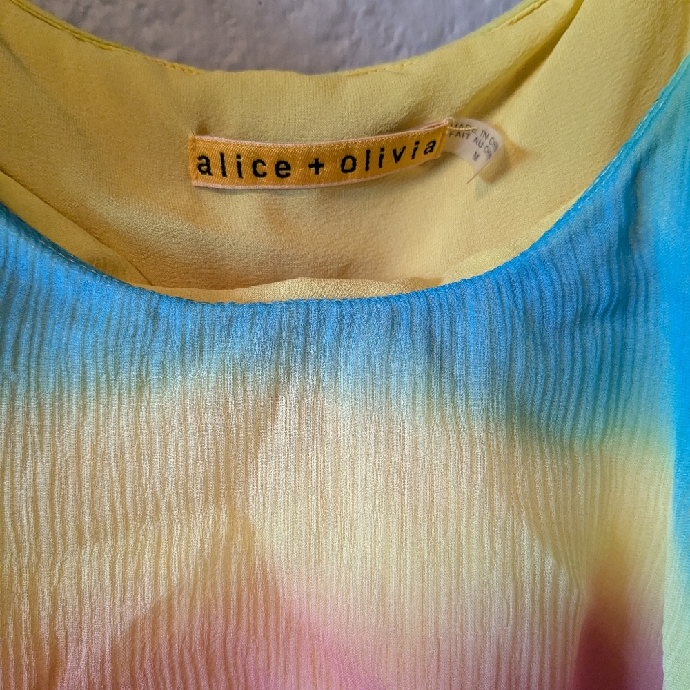 💥SALE💥 Alice + Olivia Vibrant Multicolor Rainbow Ruffle Dress 100% Silk Sz. M - Picture 11 of 13